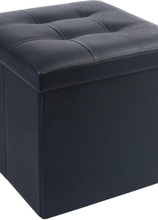 Storage Ottoman, Foldable Foot Rest Stool, 13X12X12 Inches Small Leather Bench with Storage, Holds up to 260 Lb, for Living Room, Bedroom, Dorm, Black