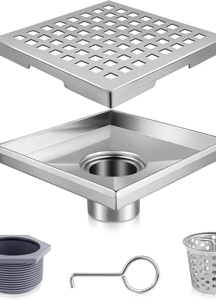 Square Shower Drain, 304 Stainless Steel 4 Inch Shower Floor Bathroom Shower Drain with CUPC Certified, Brushed Nickel 4'' Square Floor Drain, for Bathroom Toilet Washroom Drain Water