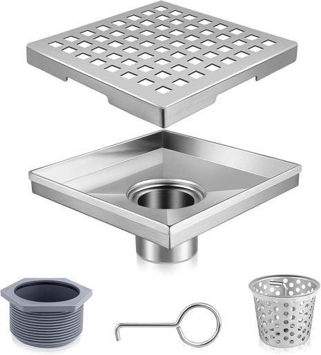 Square Shower Drain, 304 Stainless Steel 4 Inch Shower Floor Bathroom Shower Drain with CUPC Certified, Brushed Nickel 4'' Square Floor Drain, for Bathroom Toilet Washroom Drain Water