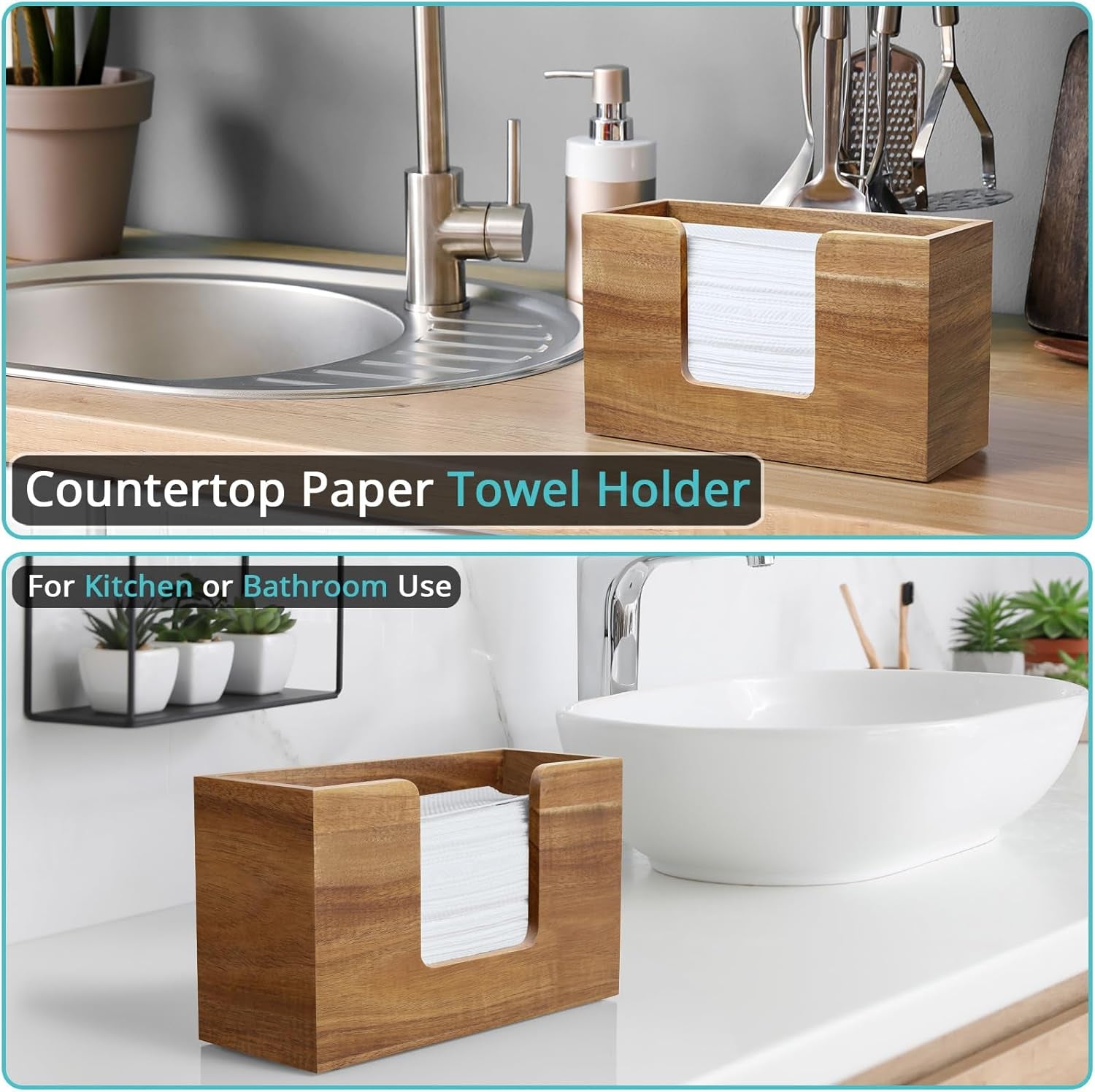 Paper Towel Dispenser Countertop, Acacia Wood Bathroom Paper Towel Holder, Napkin Holder for Kitchen, Multifold C-Fold, Z-Fold, Trifold for Bathroom Toilet Home