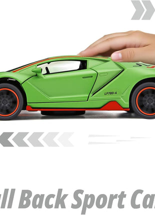 Toy Cars for Boys Age 3-12 1/ Small Diecast Metal Model Car Toys with Light and Sound Pull Back Sport Car for 3+ Years Old Kids Birthday (Green)