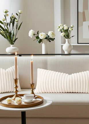 Summer Cozy Faux Fur Throw Pillow Covers 14X36 Pack of 1 Decorative Soft Plush Striped Lumbar Modern Farmhouse Boho Couch Pillow Cases with Velvet Back for Sofa Bed Living Room, Cream White