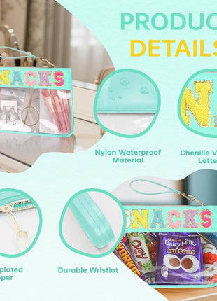 Chenille Letter Clear Zipper Pouch for Travel Preppy Patch Makeup Bag-Nylon Cosmetic Preppy Makeup Waterproof Organizer Bag Set for Women Valentines Bag (LS-SNACKS)