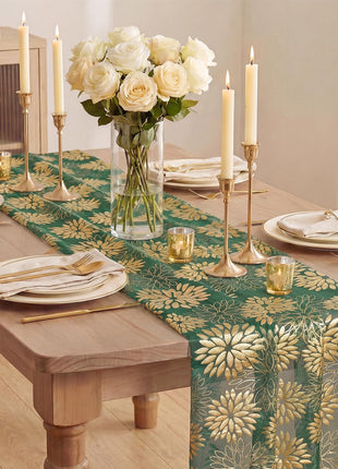 Green Gold Dahlia Flower Gauze Table Runner 120 Inch 10FT, Glitter Metallic Foil Seasonal Sheer Dining Holiday Table Decor for Home Party