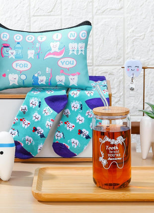 6 Pcs Nurse Week Appreciation Gifts Dentist Hygienist Gifts 16 Oz Glass Cups with Lid Makeup Bag Socks Badge Holder Tooth Brush Pot for Women Doctor Nurse Appreciation Accessories(Blue)