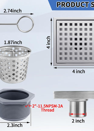 Square Shower Drain, 304 Stainless Steel 4 Inch Shower Floor Bathroom Shower Drain with CUPC Certified, Brushed Nickel 4'' Square Floor Drain, for Bathroom Toilet Washroom Drain Water