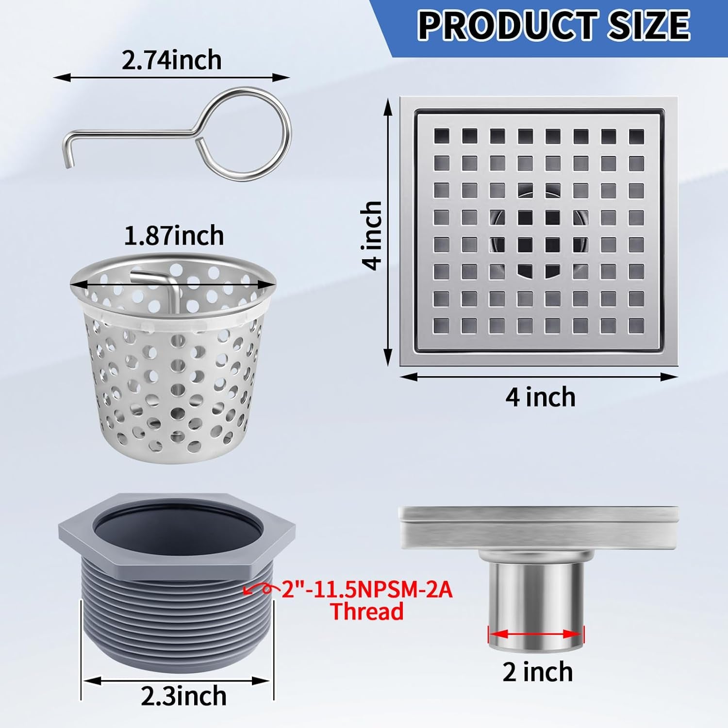 Square Shower Drain, 304 Stainless Steel 4 Inch Shower Floor Bathroom Shower Drain with CUPC Certified, Brushed Nickel 4&