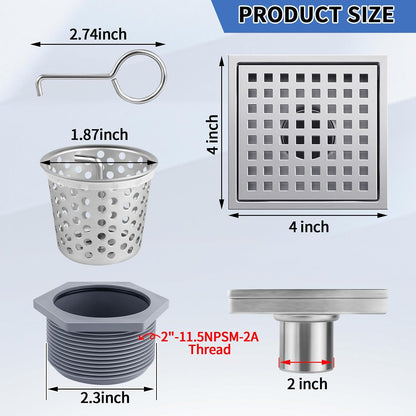 Square Shower Drain, 304 Stainless Steel 4 Inch Shower Floor Bathroom Shower Drain with CUPC Certified, Brushed Nickel 4&
