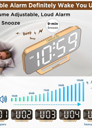 Slim Digital Mirror Aesthetic Alarm Clock for Bedrooms Desk Decor - Plug in Electric Big LED Modern Small Clock for Office Living Room, Battery Backup, 6 Dimmers (Gold)