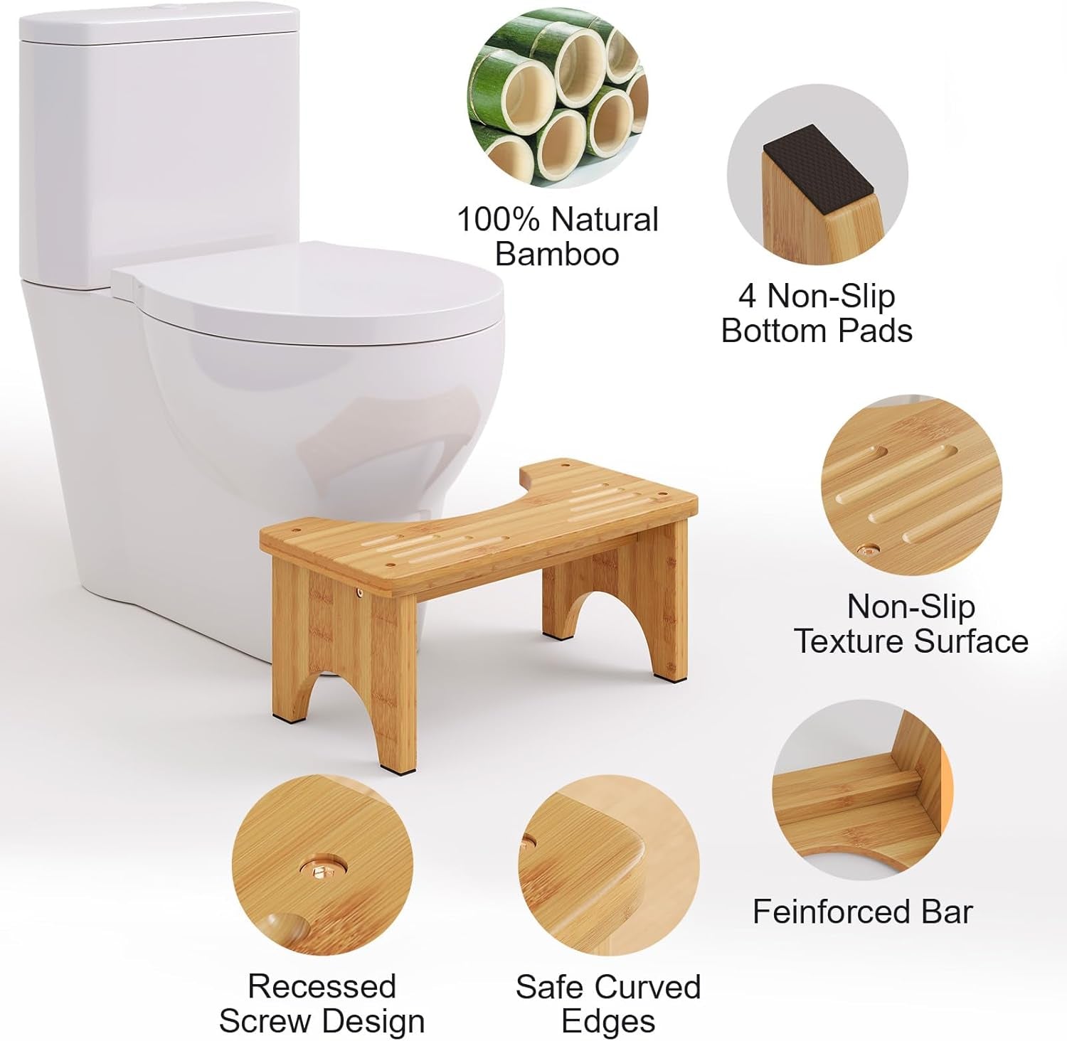 Bamboo Toilet Stool, Wooden Squatting Potty Stool for Adults, 7 Inch Toilet Stool Squat Adult, Non-Slip Wood Poop Stool for Bathroom, Portable Toilet Foot Pooping Steps for Kids