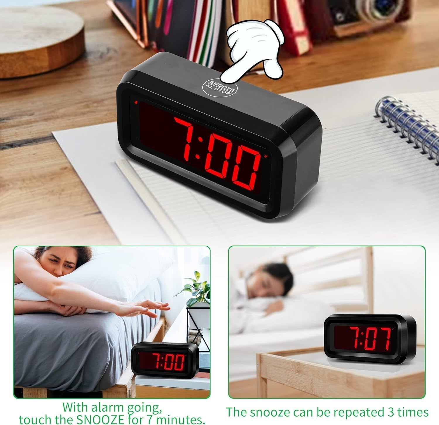 Alarm Clock, LED Digital Clock, Small Wall Clock, Battery Operated, Adjustable 3-Level Led Brightness, Dim Night Mode, 12/24Hr, Cordless, Constantly 1.2&