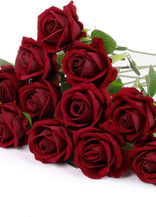 12 Pcs Artificial Rose Flowers, Dark Red Silk Roses with Long Stems, Realistic Fake Roses for Wedding Centerpiece Party Home and Office DIY Decor