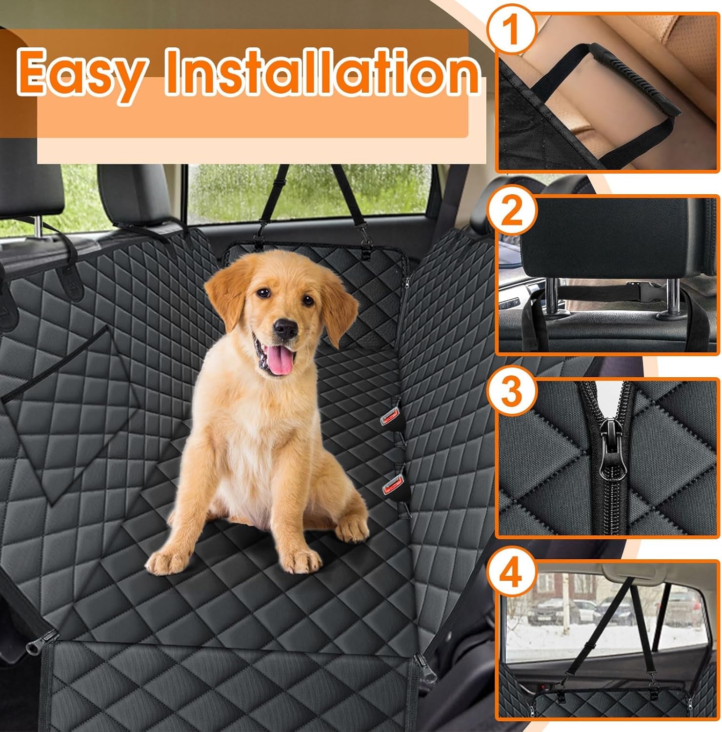 Waterproof Dog Car Seat Cover for Back Seat - Durable, Scratch Proof Pet Hammock with Nonslip Design &amp; Storage Pockets, Fits Cars, Suvs, Trucks- S, Black