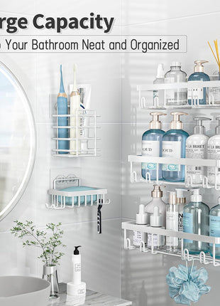 5 Pack Shower Caddy Organizer Rack Shelf for inside Shower, Self Adhesive Wall Storage Basket Rustproof Stainless Steel Shampoo Holder Bathroom Accessory Decor Set, White