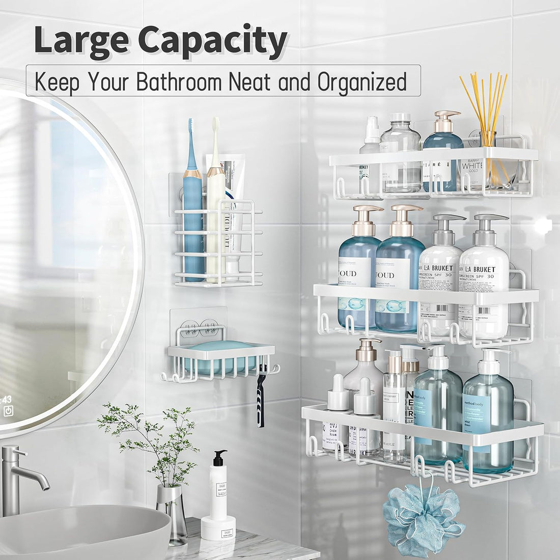 5 Pack Shower Caddy Organizer Rack Shelf for inside Shower, Self Adhesive Wall Storage Basket Rustproof Stainless Steel Shampoo Holder Bathroom Accessory Decor Set, White
