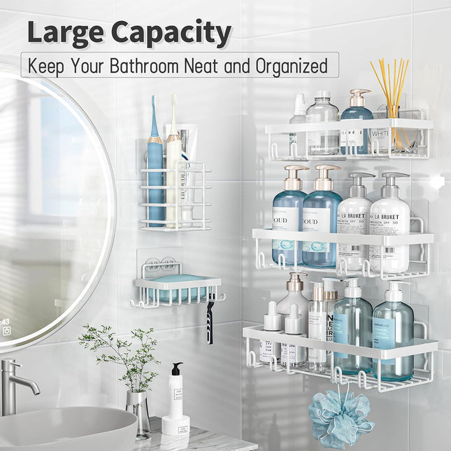 5 Pack Shower Caddy Organizer Rack Shelf for inside Shower, Self Adhesive Wall Storage Basket Rustproof Stainless Steel Shampoo Holder Bathroom Accessory Decor Set, White