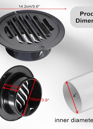 2 PCS 4 Inch Stainless Steel Air Vents round Black Soffit Vent Cover Air Vent Flat Ducting Air Outlet with Built-In Fine Mesh for Kitchen, Bathroom, Garage, Office and Warehouse Ventilation