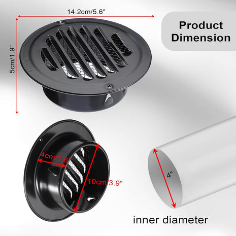 2 PCS 4 Inch Stainless Steel Air Vents round Black Soffit Vent Cover Air Vent Flat Ducting Air Outlet with Built-In Fine Mesh for Kitchen, Bathroom, Garage, Office and Warehouse Ventilation