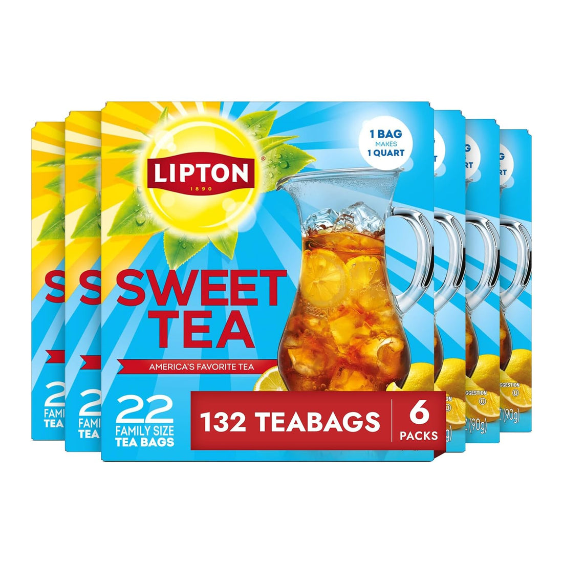 Lipton Southern Sweet Iced Tea Bags, Family Size Zero Calories, 132 Total Bags (22Ct - Pack of 6)