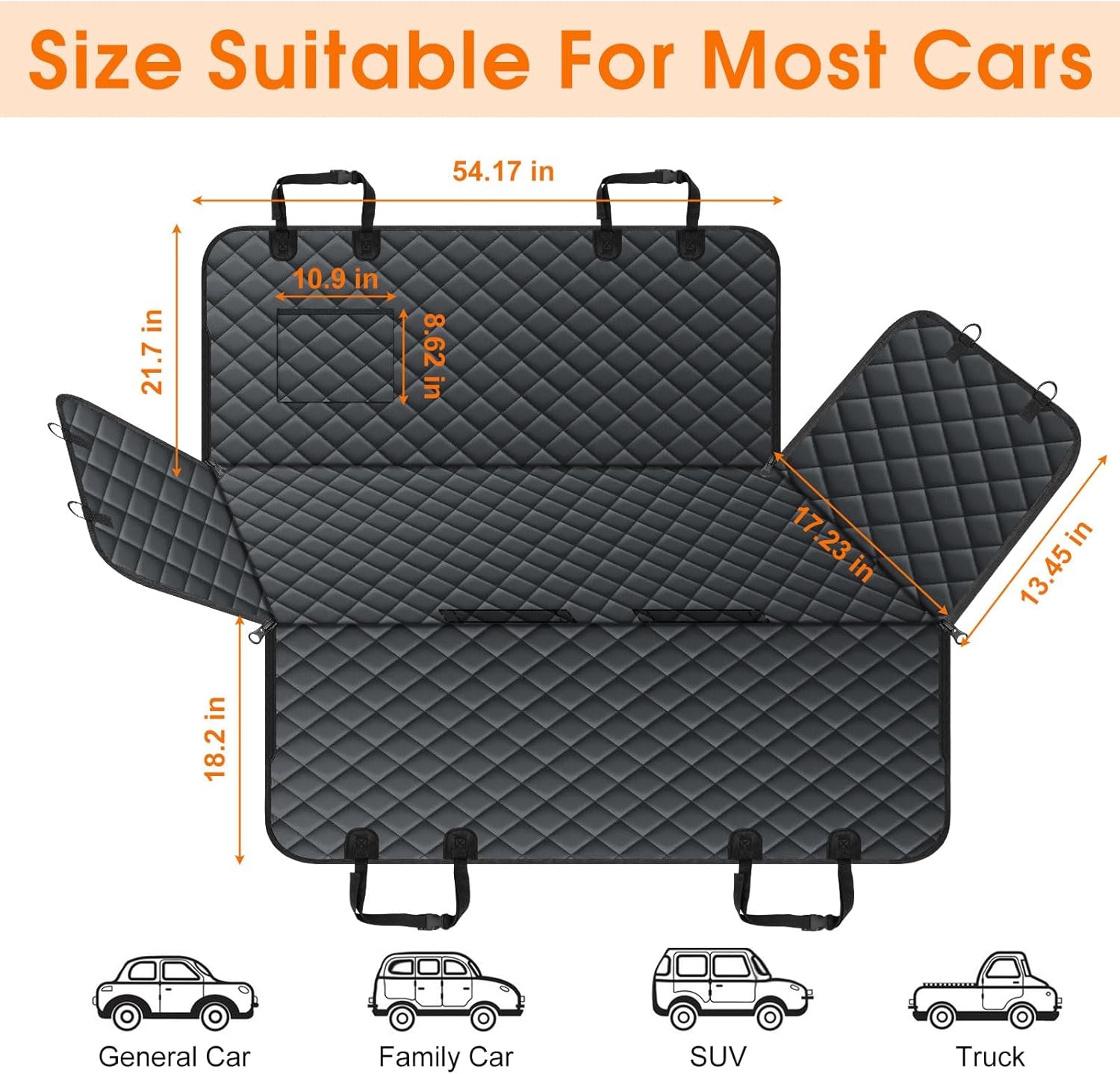 Waterproof Dog Car Seat Cover for Back Seat - Durable, Scratch Proof Pet Hammock with Nonslip Design &amp; Storage Pockets, Fits Cars, Suvs, Trucks- S, Black