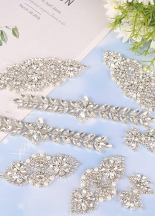 8 Pieces Crystal Rhinestone Appliques Silver Rhinestone Iron on Patch Hot Fix Applique for Bridal Wedding Dress Clothes Sash Crystal Belt DIY Sewing Appliques for Shoes
