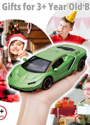 Toy Cars for Boys Age 3-12 1/ Small Diecast Metal Model Car Toys with Light and Sound Pull Back Sport Car for 3+ Years Old Kids Birthday (Green)
