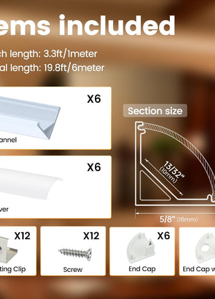 6Pack 3.3FT/1M V Shape LED Channel Silver Aluminum LED Strip Diffuser Channel with Milky White Cover Frosted Corner Lighting Easy Installation V1SW WW 1M