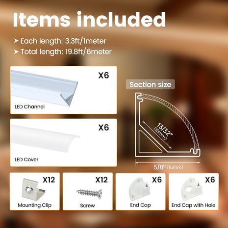 6Pack 3.3FT/1M V Shape LED Channel Silver Aluminum LED Strip Diffuser Channel with Milky White Cover Frosted Corner Lighting Easy Installation V1SW WW 1M