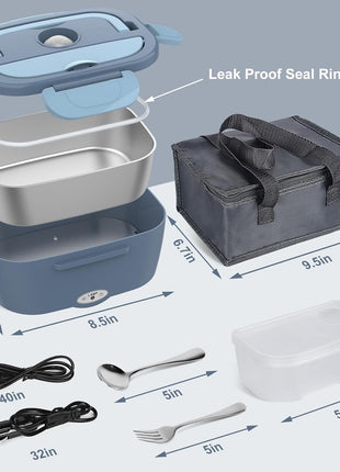 Electric Lunch Box Food Heater, Electric Heating Lunch Boxes Lunch for Adults/Men/Truck/Car/Work, 80W 1.5L Removable 304 Stainless Steel Container, 110V/12V/24V, with Fork & Spoon