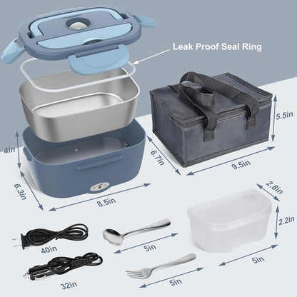 Electric Lunch Box Food Heater, Electric Heating Lunch Boxes Lunch for Adults/Men/Truck/Car/Work, 80W 1.5L Removable 304 Stainless Steel Container, 110V/12V/24V, with Fork &amp; Spoon