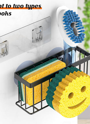 Sponge Holder Smiley Face, Sink Organizer with 2 Suction Cups/1 Adhesive Strips, Designed for Sponge, Soap, Dish Brush, Scrubber - Black