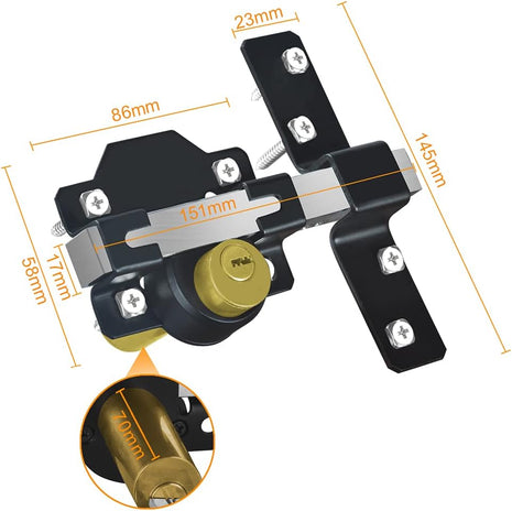 Barn Door Lock, Fence Gate Lock, Double Sided Gate Latch, Gate Lock for Wodden Garage Door, Supplied with 5 Keys, Work with 2.75" Wooden Vinyl Metal Gate, for Right & Left Door