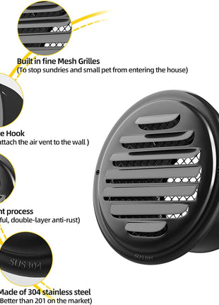 3Inch-2Pcs 304 Stainless Steel round Air Vents Cover,  Louvered Grille Cover Vent Flat Ducting Air Vent Wall Inlet with Built-In a Fly Screen Mesh for HVAC Ventilation (3Inch-2Pcs)