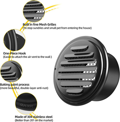 3Inch-2Pcs 304 Stainless Steel round Air Vents Cover,  Louvered Grille Cover Vent Flat Ducting Air Vent Wall Inlet with Built-In a Fly Screen Mesh for HVAC Ventilation (3Inch-2Pcs)
