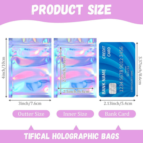 100 Pieces Resealable Foil Proof Bags Scent Proof Flat Pouch Clear Smell Sealable Packing Bags Iridescent for Food Storage Snack Jewelry(3 X 4 Inches,Holographic Color)