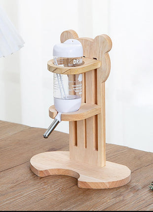 Hamster Water Bottle with Wooden Food Container Base for Dwarf Hamster Gerbil Small Animals (White, 80Ml(2.7Oz))