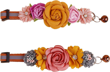 2 Pack Cat Collar Pink Floral with Bell and Removable Flower Bowtie Breakaway Adjustable Cat Collar for Girl Kitten Puppy Small Cats Dogs Daily Decoration (XQ10-4)