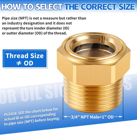 3/4 NPT Air Compressor Oil Sight Glass, Male Hex Head Compresssor Oil Sight Glass, Heavy Duty Solid Brass Oil Sight Glass Liquid Level Gauge Oil Indicator Window for Air Compressor Gearbox Tank