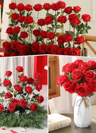 40PCS Red Roses Artificial Flowers - Long Stem Fake Roses Bouquet Silk Red Flowers Artificial Rose for Wedding Centerpiece Home Decor & Valentines Floral Arrangement
