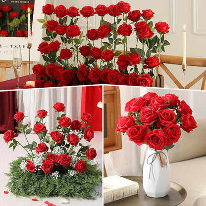 40PCS Red Roses Artificial Flowers - Long Stem Fake Roses Bouquet Silk Red Flowers Artificial Rose for Wedding Centerpiece Home Decor &amp; Valentines Floral Arrangement