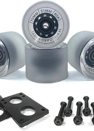 70Mm Longboard Wheels 80A Contains ABEC-9 Bearings and Spacers,Skateboard Riser Pads,Skateboard Hardware Screws Bolts,Fit for Your Longboard Skateboards.-Transparent Frosted