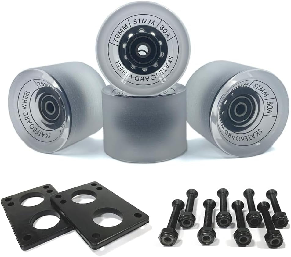 70Mm Longboard Wheels 80A Contains ABEC-9 Bearings and Spacers,Skateboard Riser Pads,Skateboard Hardware Screws Bolts,Fit for Your Longboard Skateboards.-Transparent Frosted