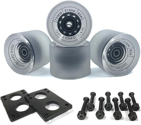 70Mm Longboard Wheels 80A Contains ABEC-9 Bearings and Spacers,Skateboard Riser Pads,Skateboard Hardware Screws Bolts,Fit for Your Longboard Skateboards.-Transparent Frosted