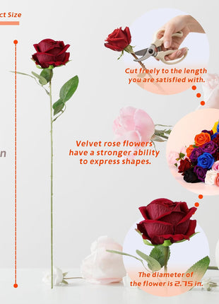 12 Pcs Artificial Rose Flowers, Dark Red Silk Roses with Long Stems, Realistic Fake Roses for Wedding Centerpiece Party Home and Office DIY Decor
