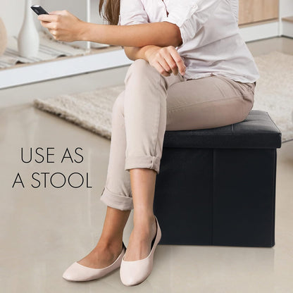 Storage Ottoman, Foldable Foot Rest Stool, 13X12X12 Inches Small Leather Bench with Storage, Holds up to 260 Lb, for Living Room, Bedroom, Dorm, Black