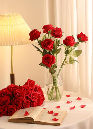 40PCS Red Roses Artificial Flowers - Long Stem Fake Roses Bouquet Silk Red Flowers Artificial Rose for Wedding Centerpiece Home Decor & Valentines Floral Arrangement