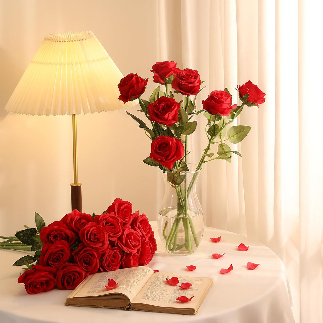 40PCS Red Roses Artificial Flowers - Long Stem Fake Roses Bouquet Silk Red Flowers Artificial Rose for Wedding Centerpiece Home Decor &amp; Valentines Floral Arrangement