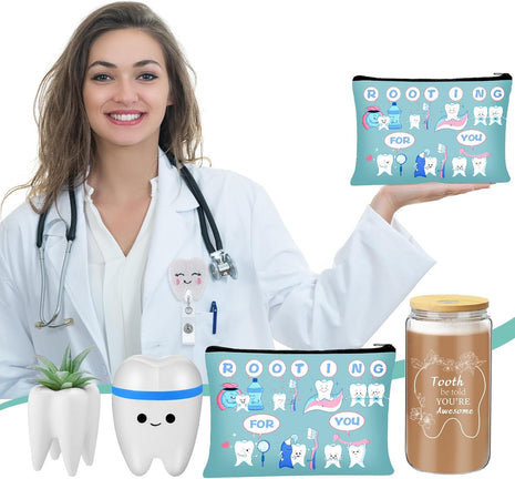 6 Pcs Nurse Week Appreciation Gifts Dentist Hygienist Gifts 16 Oz Glass Cups with Lid Makeup Bag Socks Badge Holder Tooth Brush Pot for Women Doctor Nurse Appreciation Accessories(Blue)